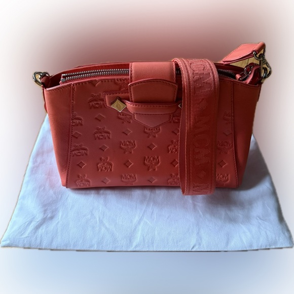 MCM Essentials Hot Coral Monogram Leather Crossbody - Picture 5 of 16